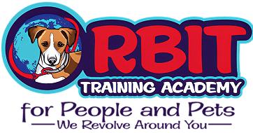 Logo for Orbit Training Academy featuring a dog's face inside a blue circle, with text: "Training Academy for People and Pets - We Revolve Around You.
